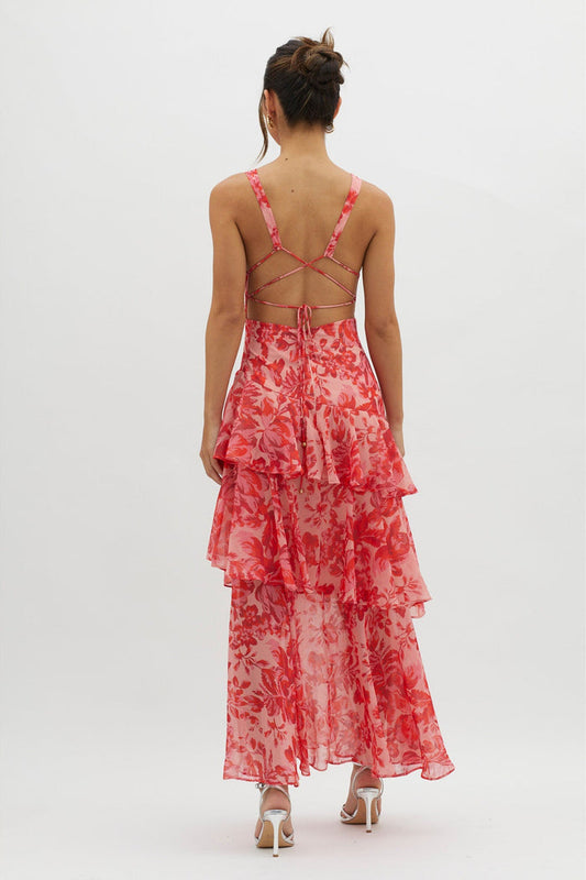 | Tiered Floral Chiffon Maxi Dress