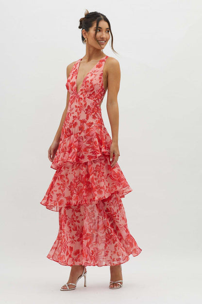 | Tiered Floral Chiffon Maxi Dress