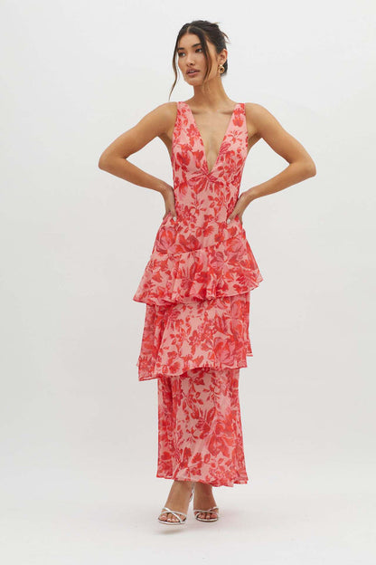 | Tiered Floral Chiffon Maxi Dress
