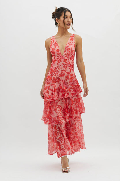 | Tiered Floral Chiffon Maxi Dress