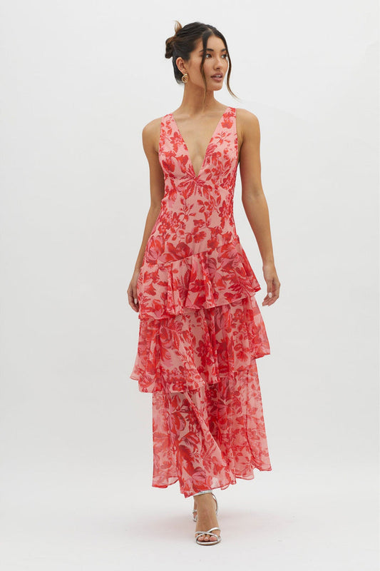 | Tiered Floral Chiffon Maxi Dress
