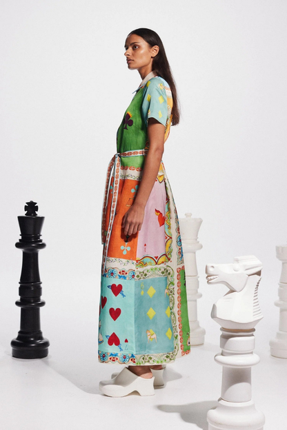 Playing Card Suit Patchwork Print Shirt Collar Tie-Waist Maxi Dress