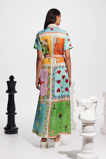 Playing Card Suit Patchwork Print Shirt Collar Tie-Waist Maxi Dress