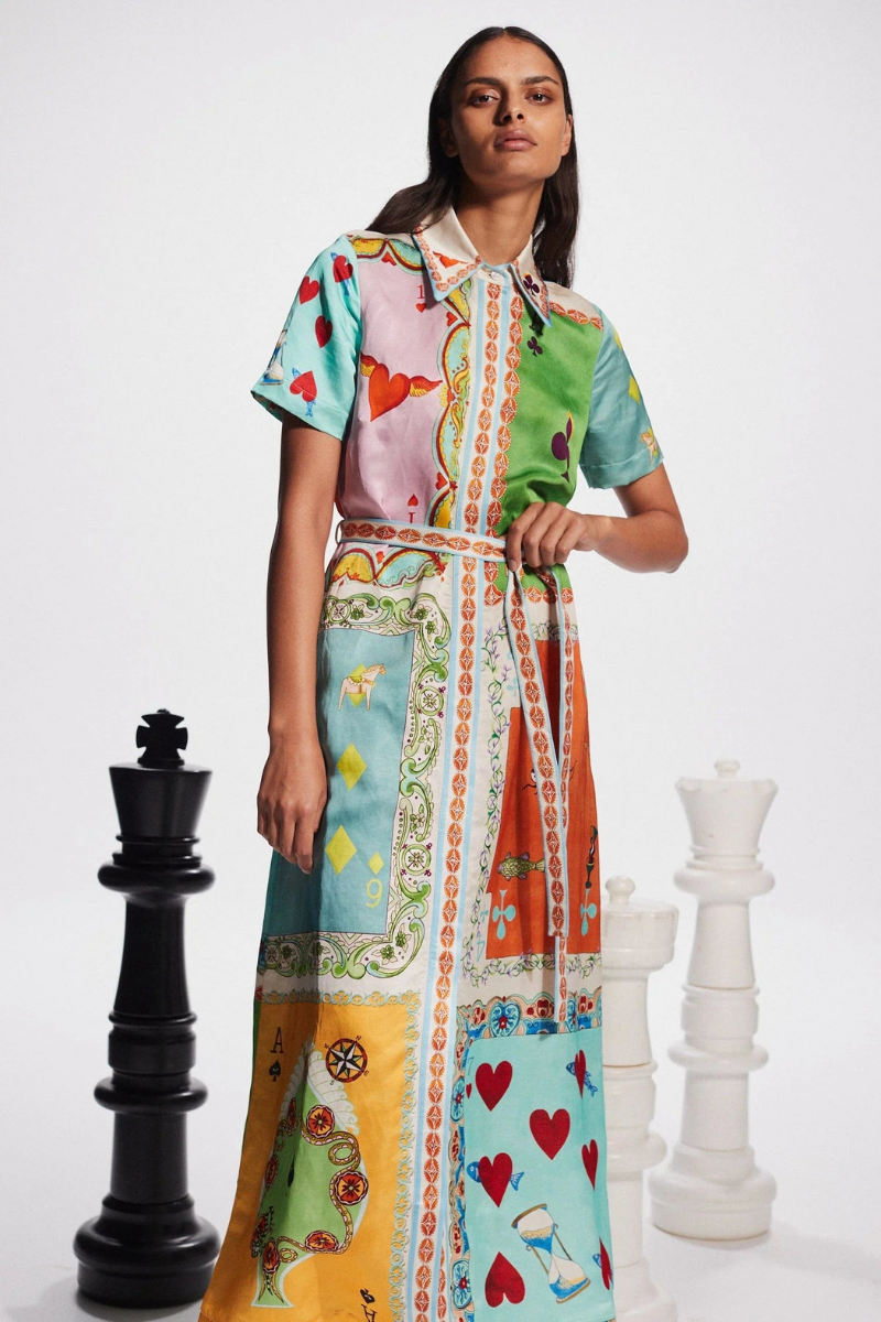 Playing Card Suit Patchwork Print Shirt Collar Tie-Waist Maxi Dress