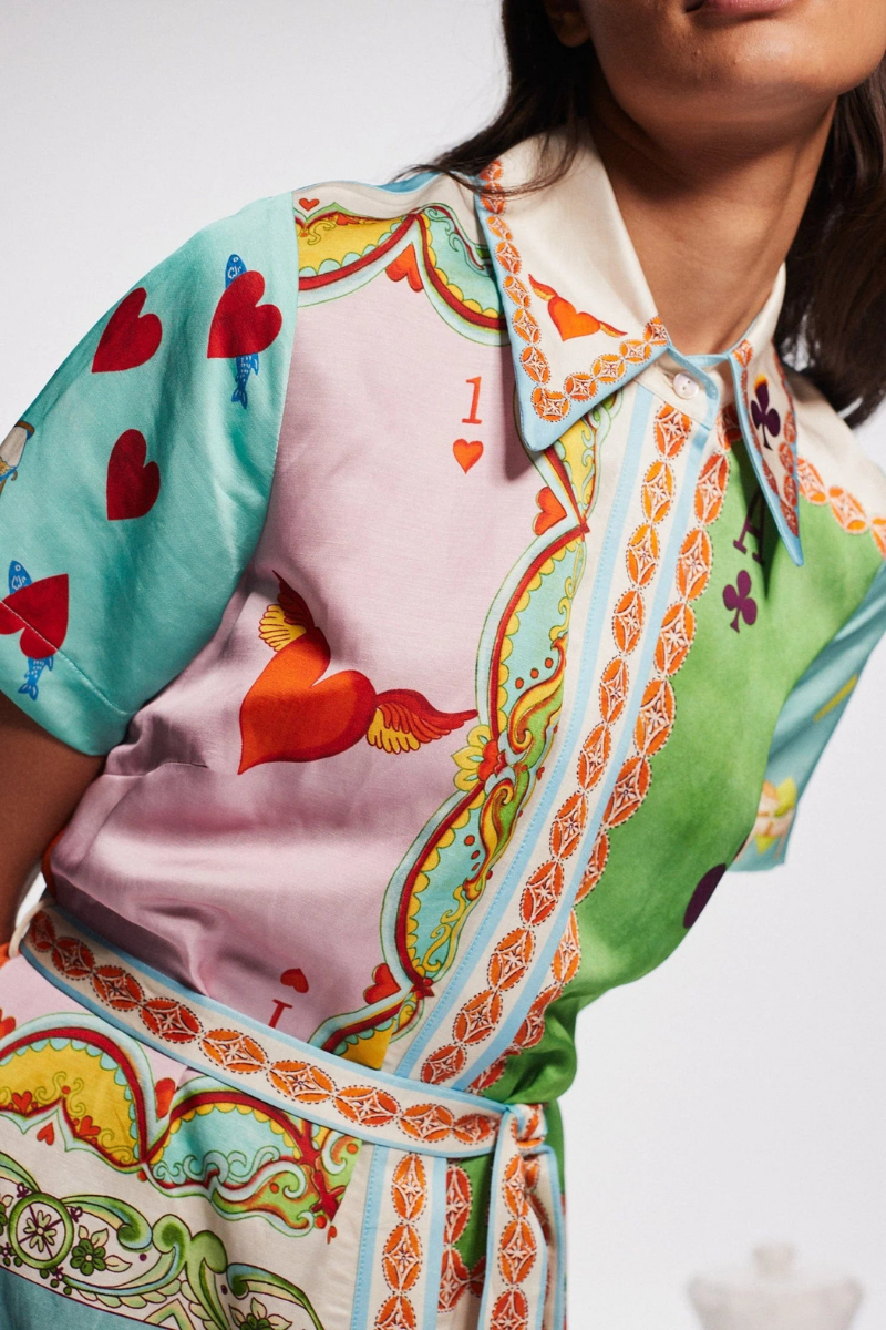 Playing Card Suit Patchwork Print Shirt Collar Tie-Waist Maxi Dress