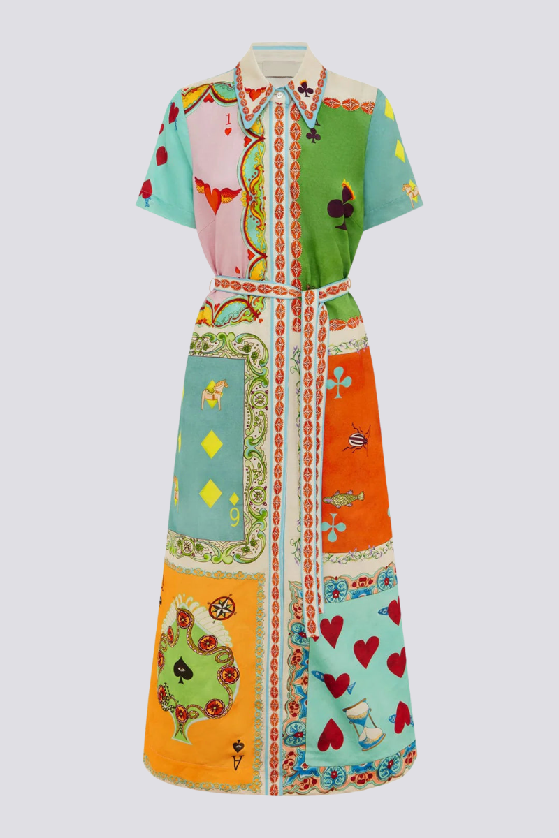Playing Card Suit Patchwork Print Shirt Collar Tie-Waist Maxi Dress