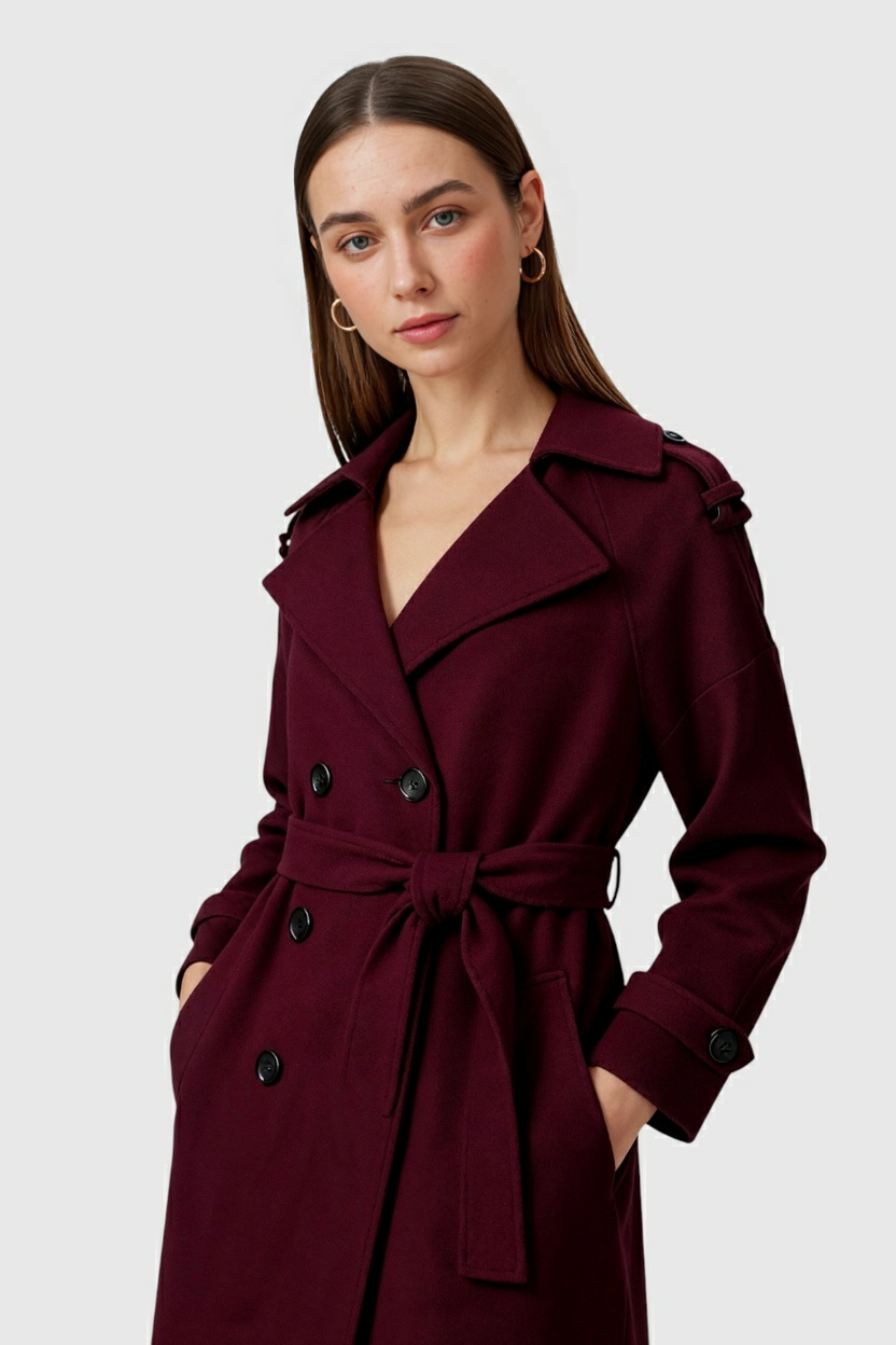 Maison Wool Blend Belted Long Coat | Double Breasted Relaxed Fit