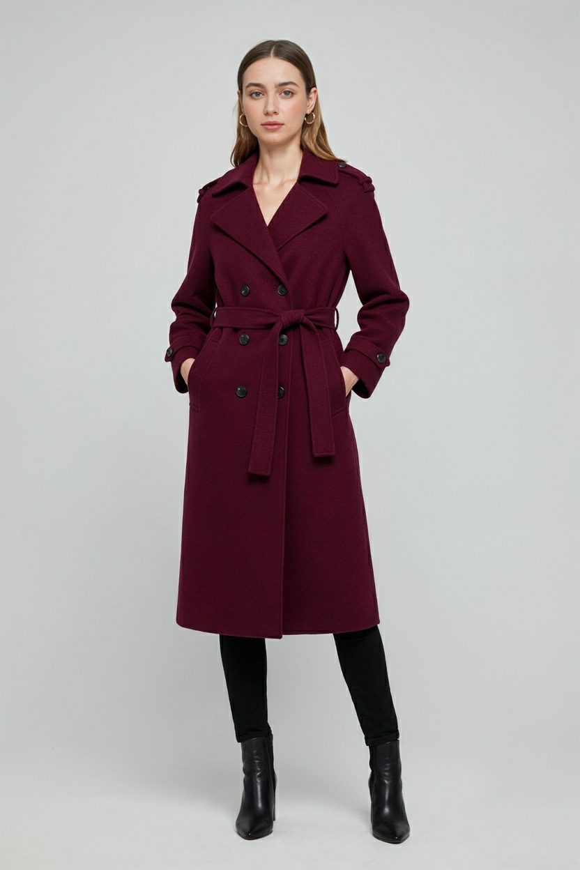 Maison Wool Blend Belted Long Coat | Double Breasted Relaxed Fit