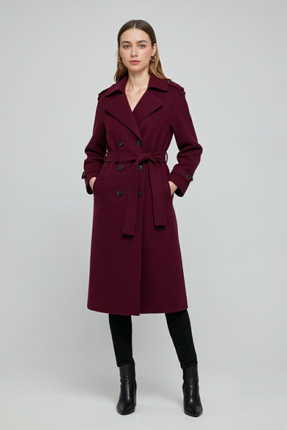 Maison Wool Blend Belted Long Coat | Double Breasted Relaxed Fit