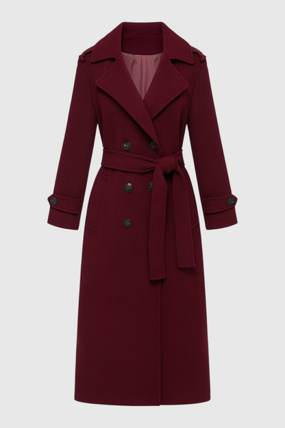 Maison Wool Blend Belted Long Coat | Double Breasted Relaxed Fit