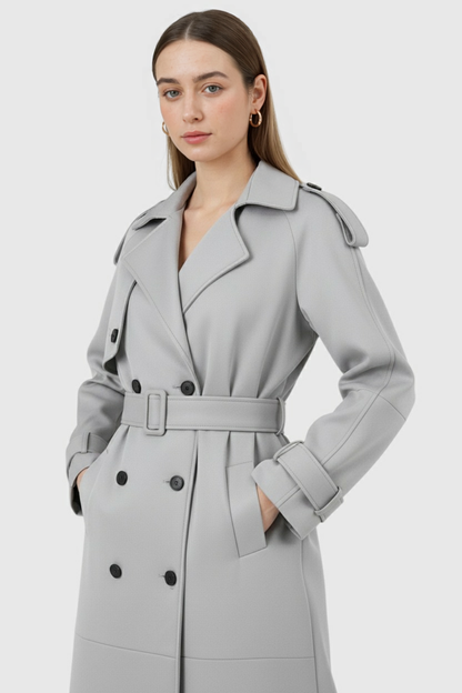 Long Double-Breasted Trench Coat | Wide-Waist Belt