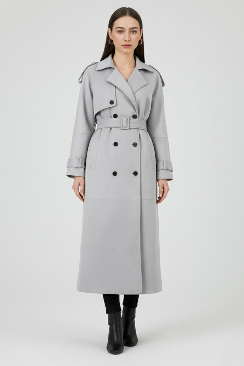 Long Double-Breasted Trench Coat | Wide-Waist Belt
