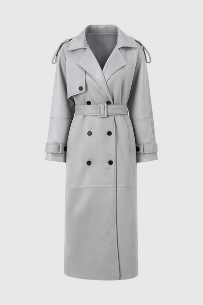 Long Double-Breasted Trench Coat | Wide-Waist Belt