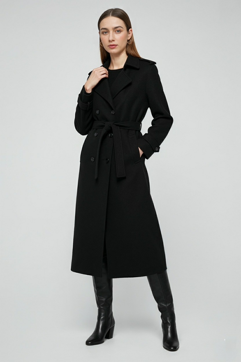 Maison Belted Long Trench Coat | Double Breasted, A-Line Fit