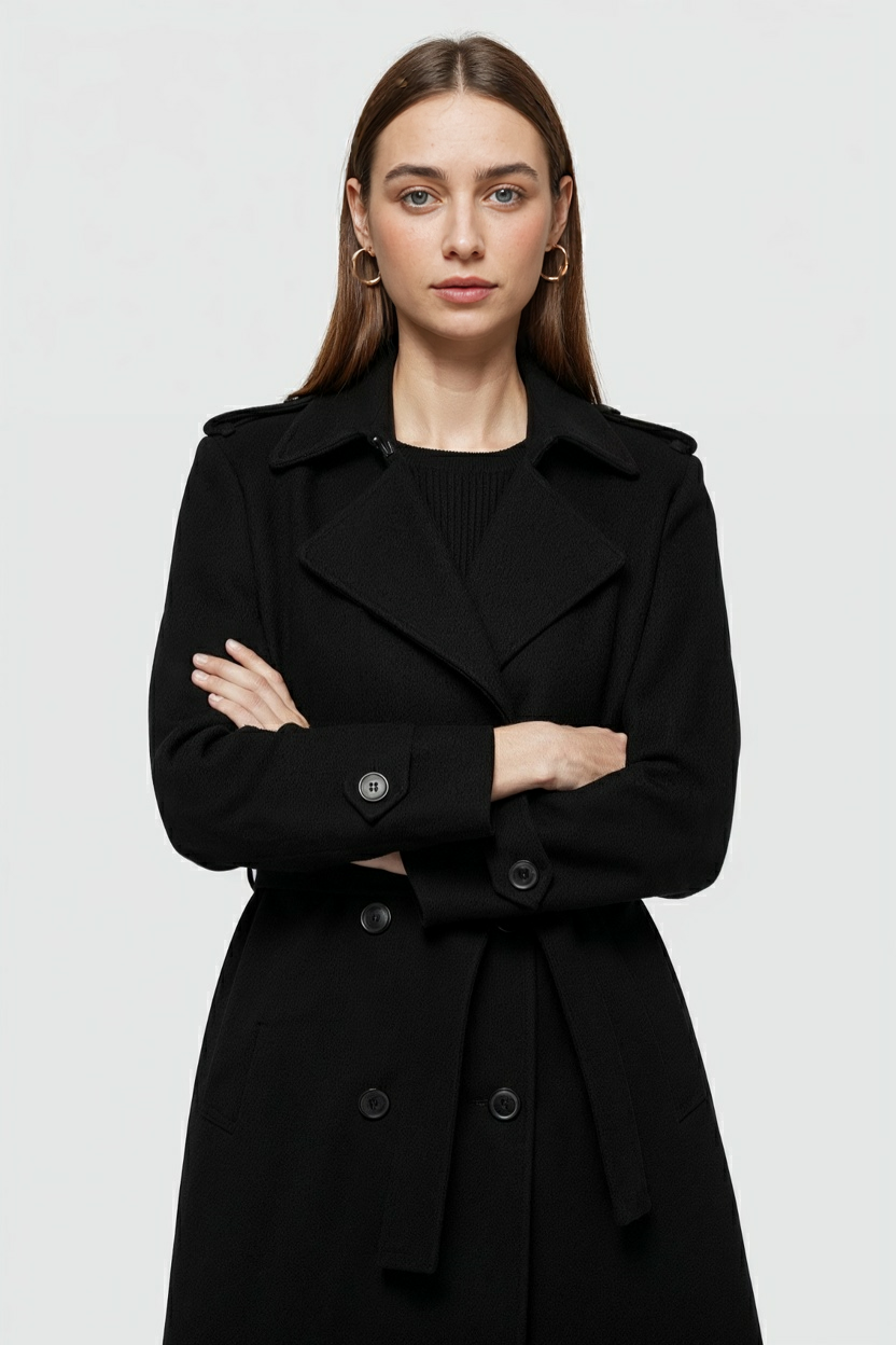 Maison Belted Long Trench Coat | Double Breasted, A-Line Fit