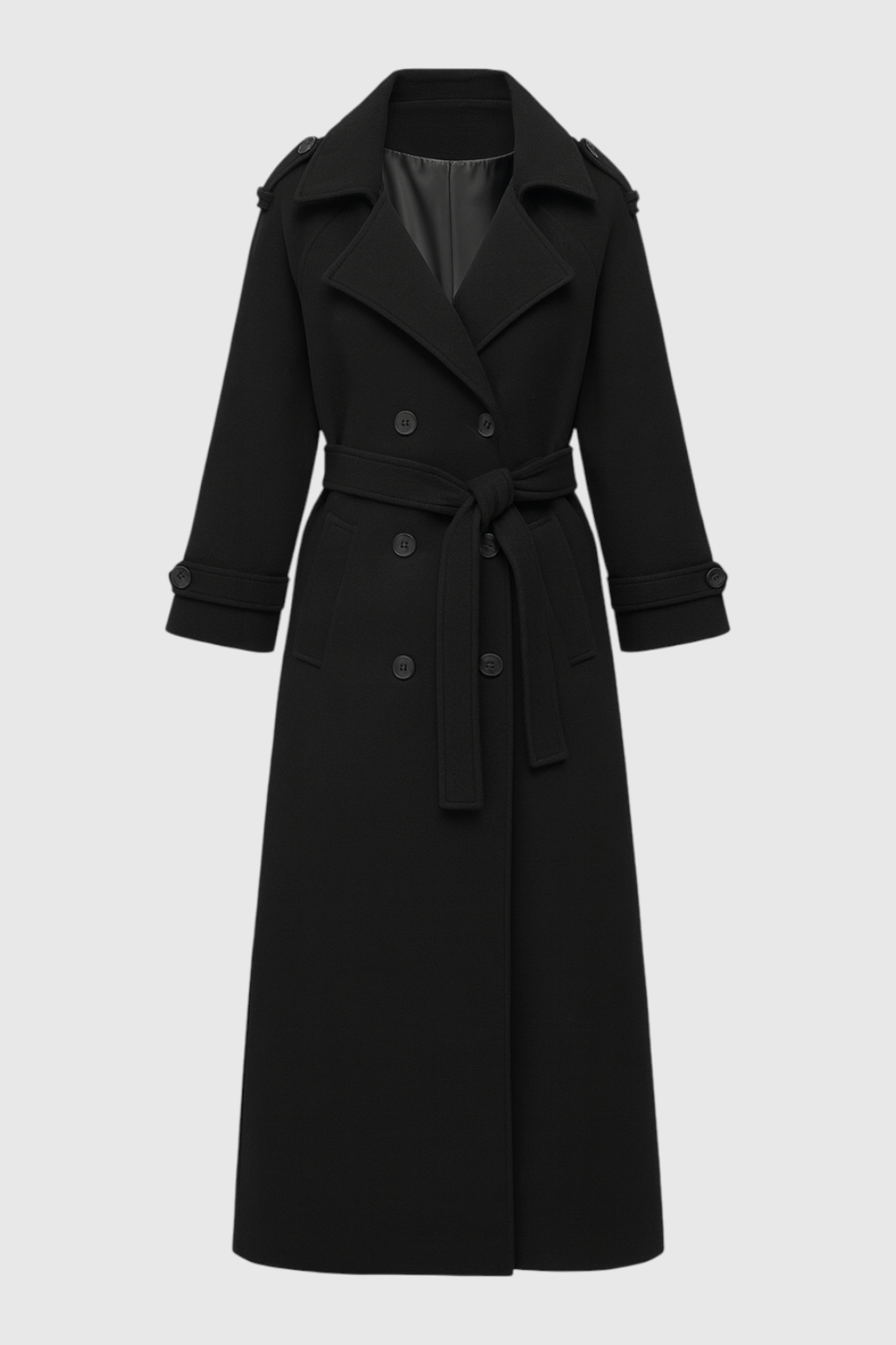 Maison Belted Long Trench Coat | Double Breasted, A-Line Fit