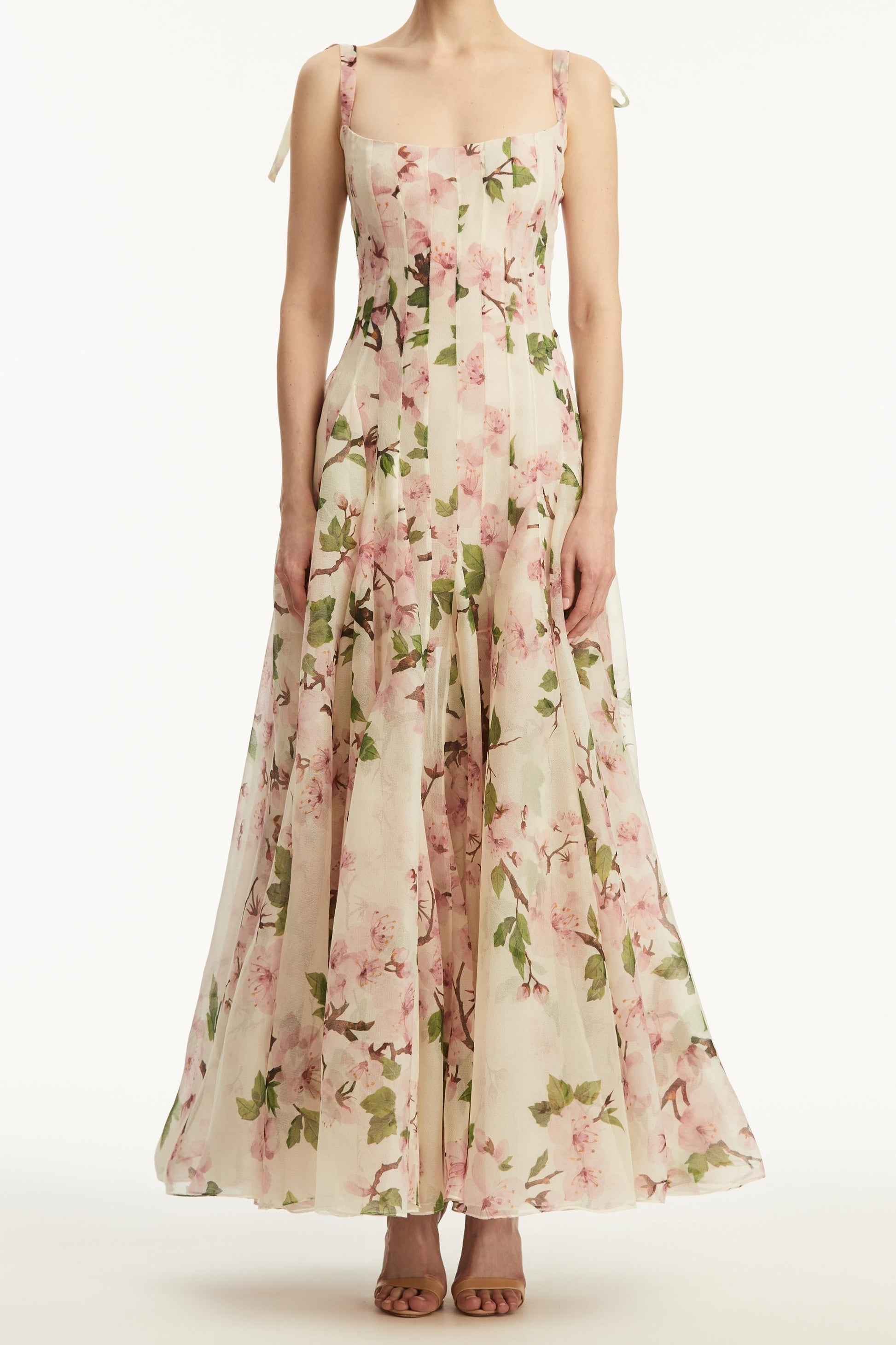Botanical Print Corset Bodice Spaghetti Strap A-Line Maxi Gown