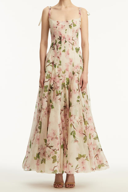 Botanical Print Corset Bodice Spaghetti Strap A-Line Maxi Gown