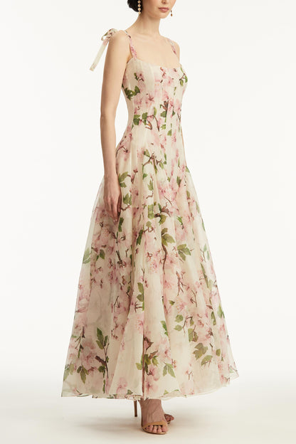 Botanical Print Corset Bodice Spaghetti Strap A-Line Maxi Gown