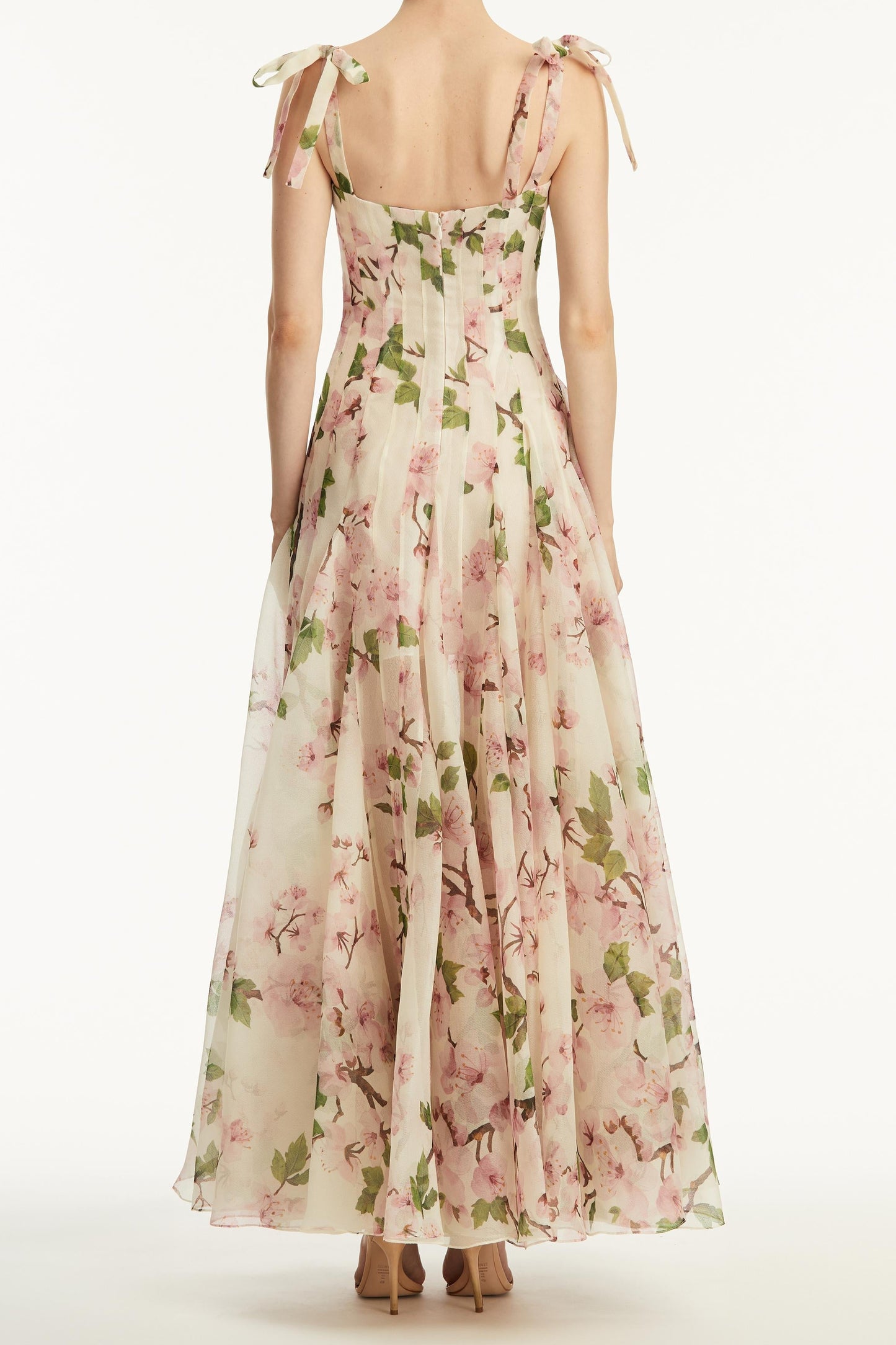 Botanical Print Corset Bodice Spaghetti Strap A-Line Maxi Gown