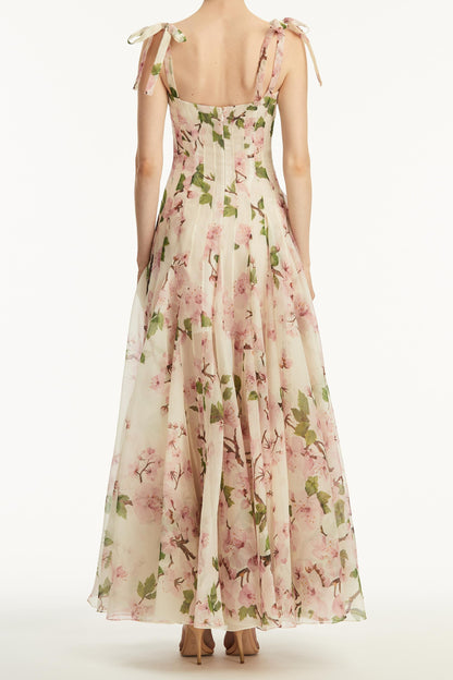 Botanical Print Corset Bodice Spaghetti Strap A-Line Maxi Gown