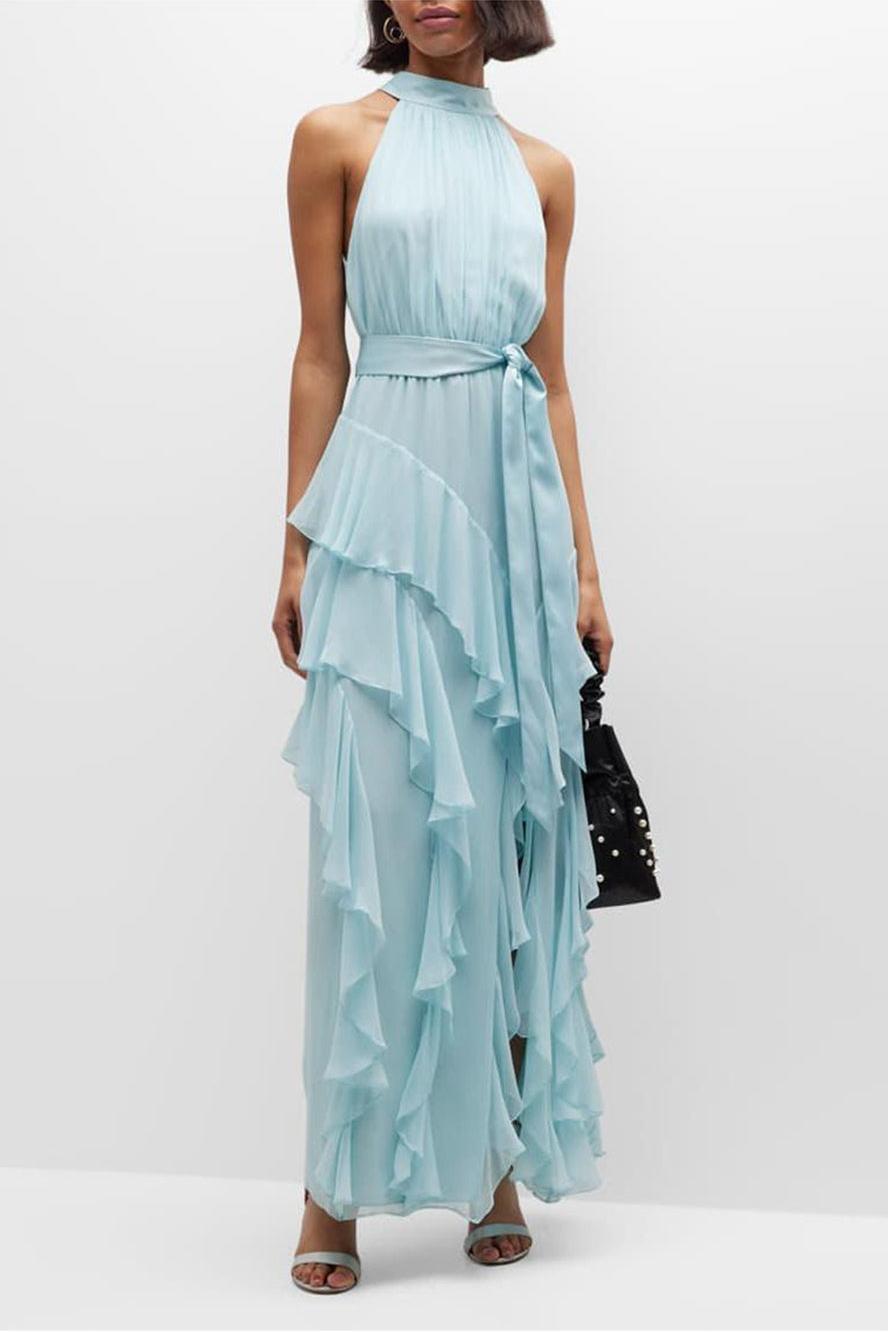 Chiffon Halter Neck Tie Belt Tiered Ruffle High Split Maxi Dress