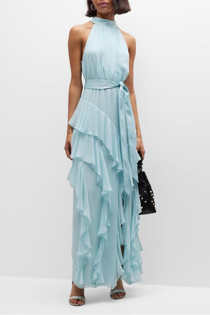 Chiffon Halter Neck Tie Belt Tiered Ruffle High Split Maxi Dress