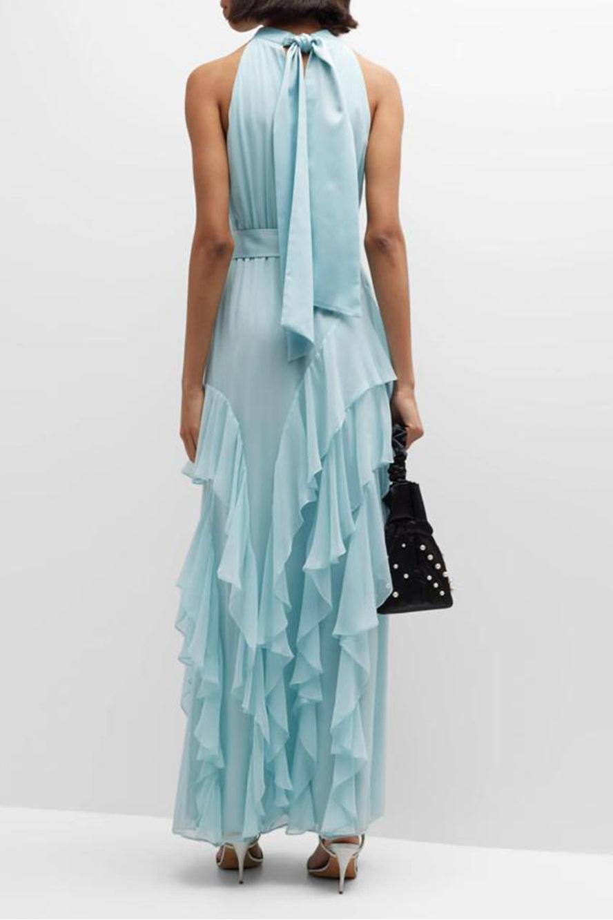 Chiffon Halter Neck Tie Belt Tiered Ruffle High Split Maxi Dress