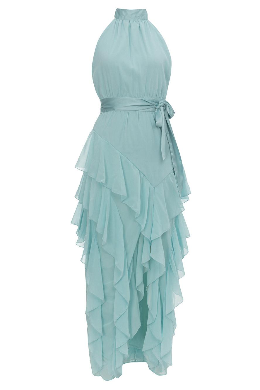 Chiffon Halter Neck Tie Belt Tiered Ruffle High Split Maxi Dress