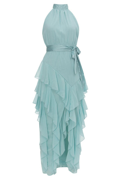 Chiffon Halter Neck Tie Belt Tiered Ruffle High Split Maxi Dress
