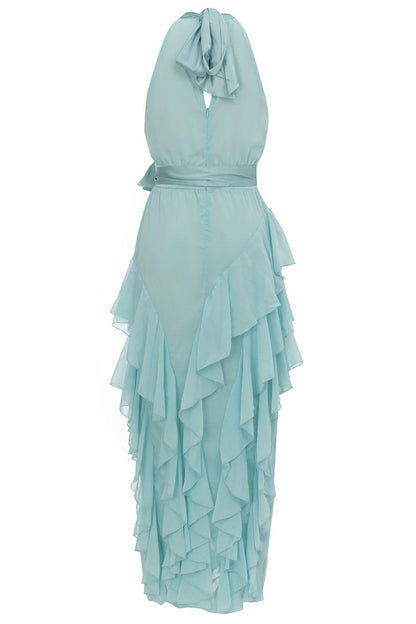 Chiffon Halter Neck Tie Belt Tiered Ruffle High Split Maxi Dress