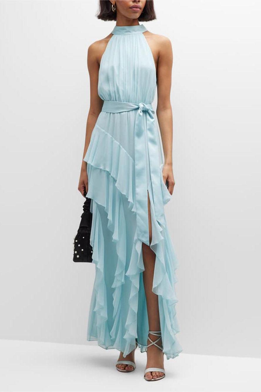 Chiffon Halter Neck Tie Belt Tiered Ruffle High Split Maxi Dress