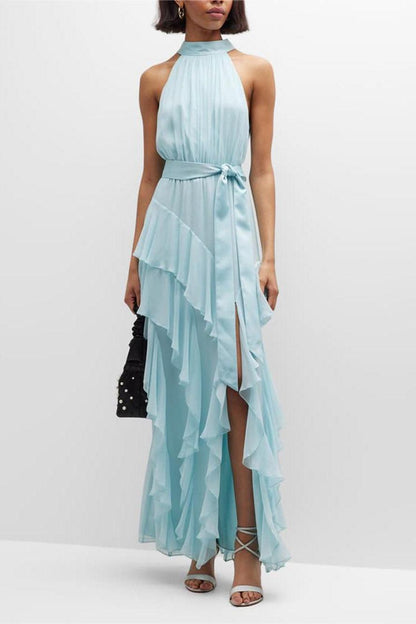 Chiffon Halter Neck Tie Belt Tiered Ruffle High Split Maxi Dress