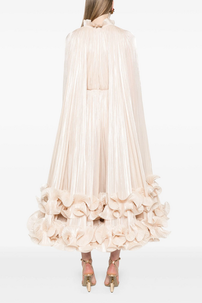 Satin Deep V-Neck Cape Sleeve Midi Dress