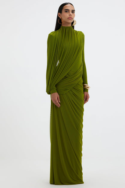 Mesh Gathering Long Sleeve Maxi Dress
