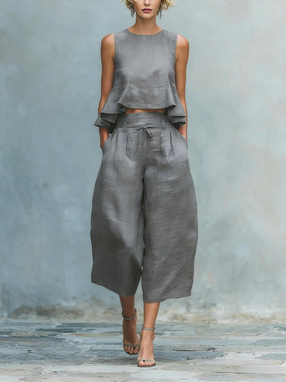Pleated Solid Color Two-piece Set