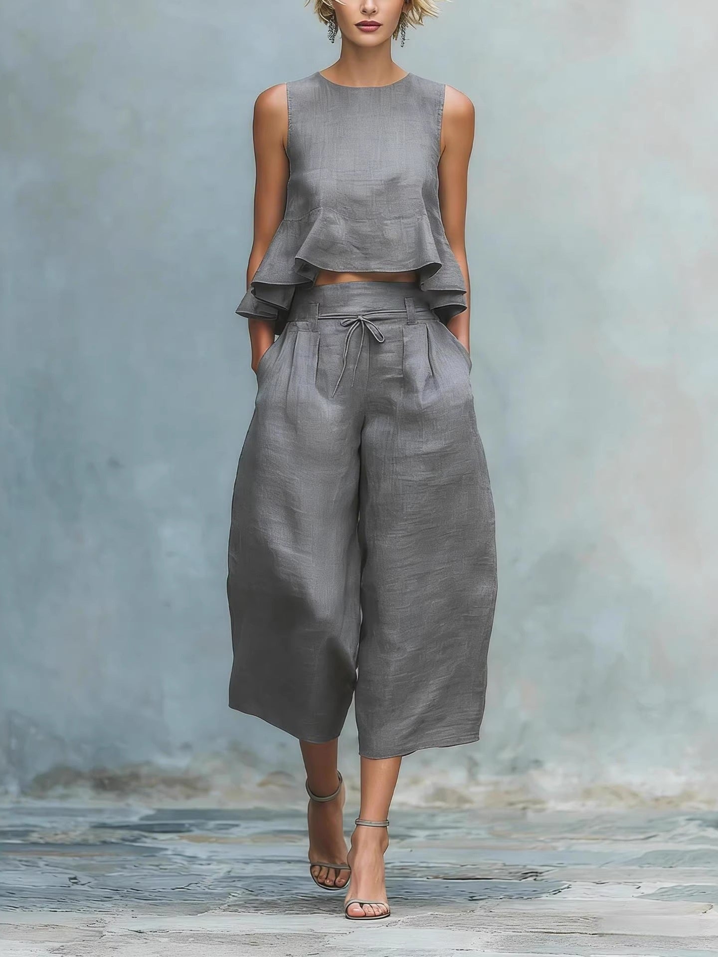 Pleated Solid Color Two-piece Set