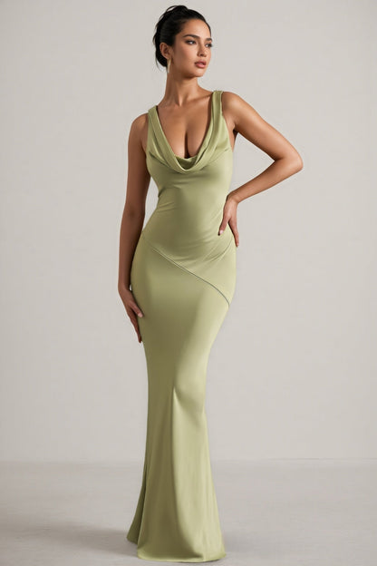 Kovty Light Olive Satin Cowl-Neck Maxi Dress