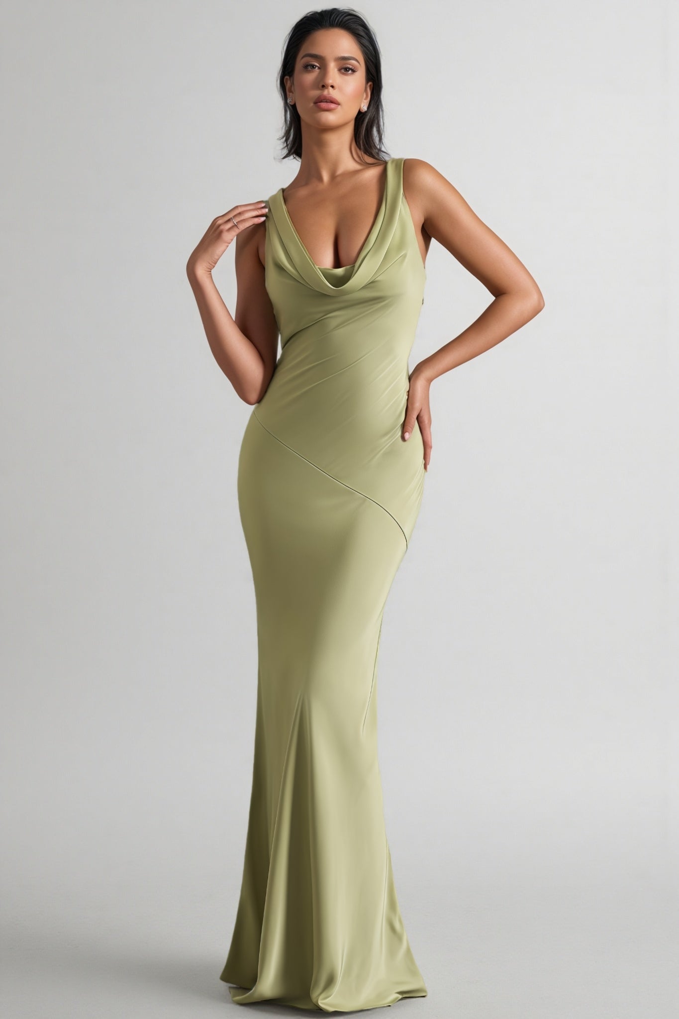 Kovty Light Olive Satin Cowl-Neck Maxi Dress