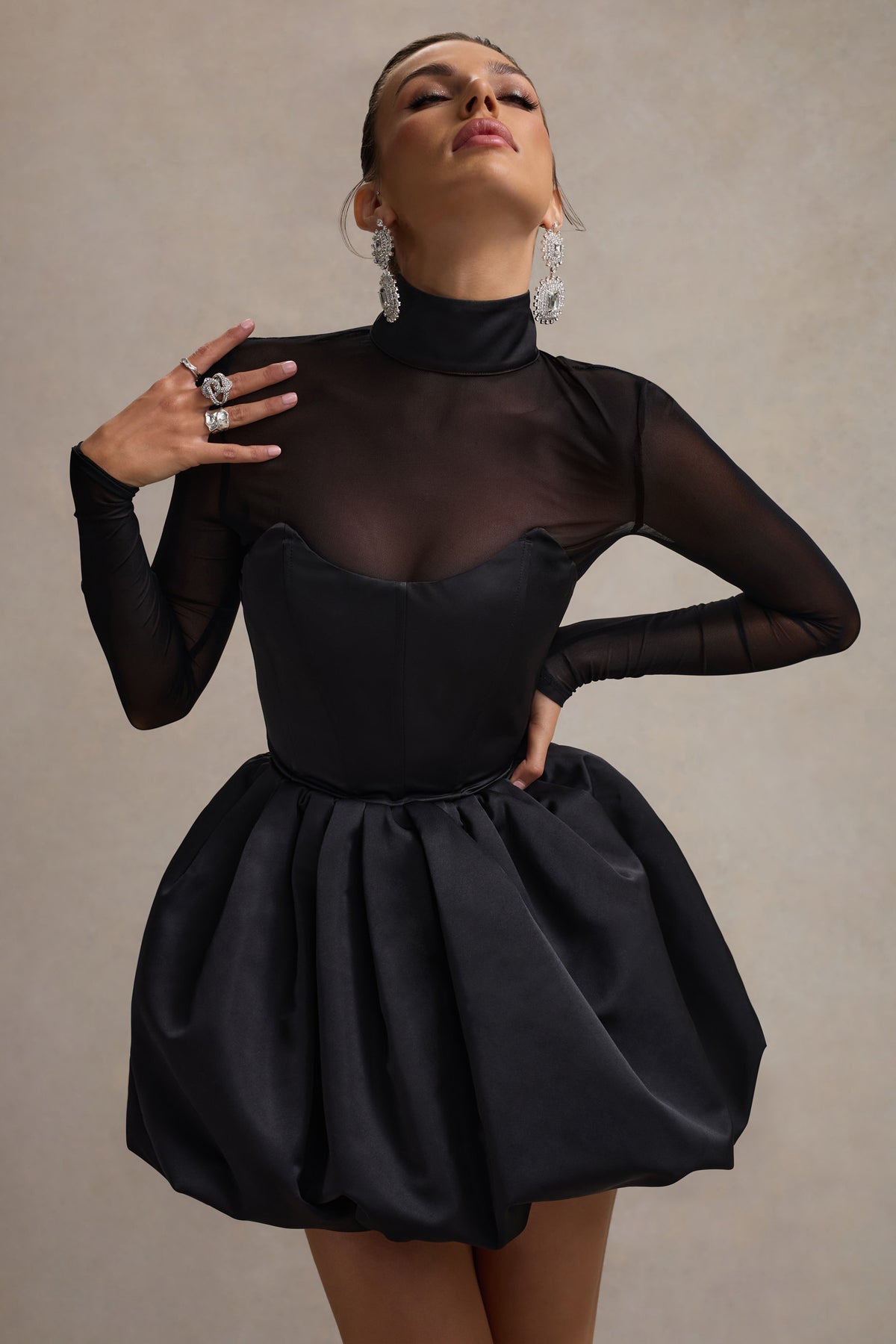 Mock Neck Sheer Mesh Sleeve Corset Bodice Bubble Hem Mini Dress