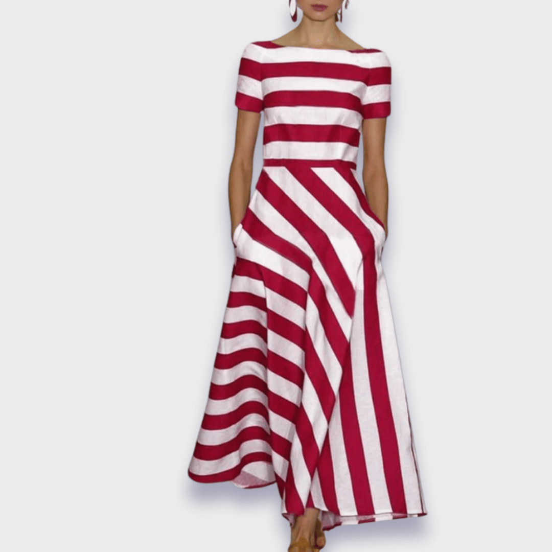 Boat Neck Short Sleeve Mixed Direction Stripe Panel A-Line Pocket Maxi Dress