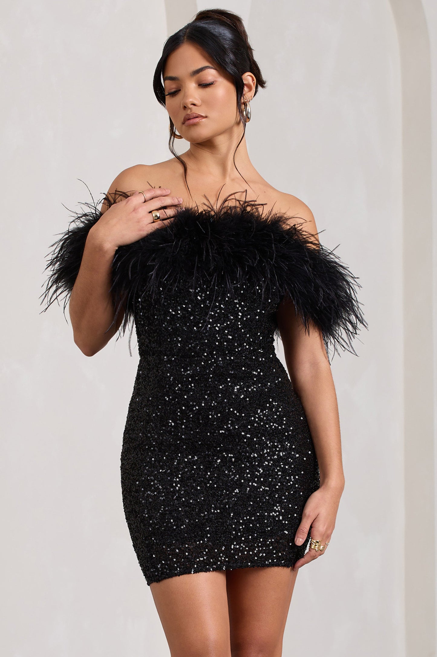 | Off-Shoulder Mini Dress in Sequin with Feather Trim