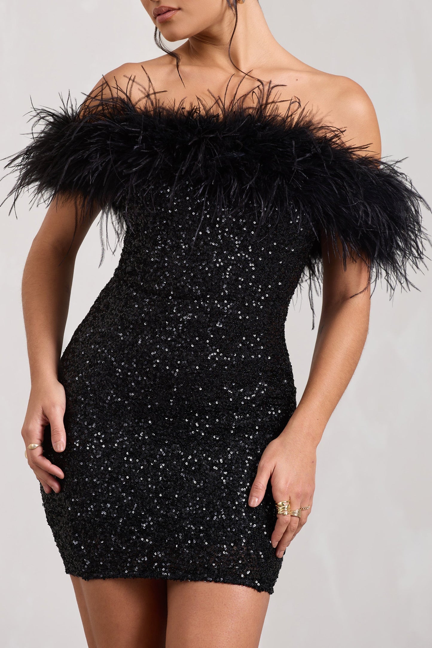 | Off-Shoulder Mini Dress in Sequin with Feather Trim