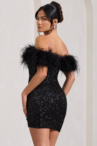 | Off-Shoulder Mini Dress in Sequin with Feather Trim