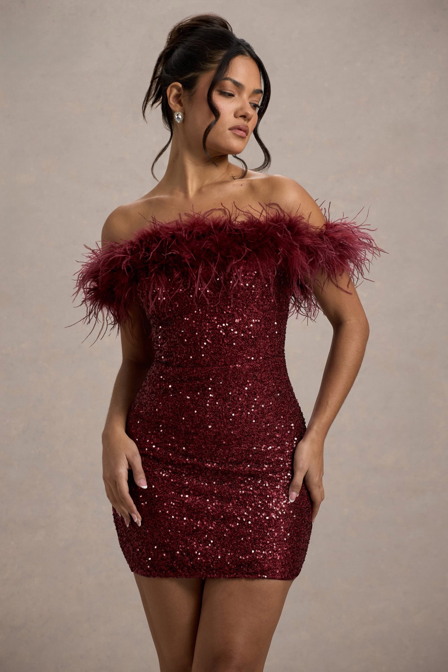| Off-Shoulder Mini Dress in Sequin with Feather Trim