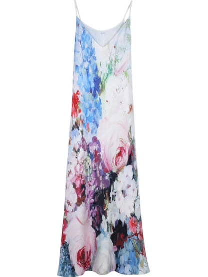 Deep V Neck Spaghetti Strap Watercolor Floral Print A-Line Maxi Dress