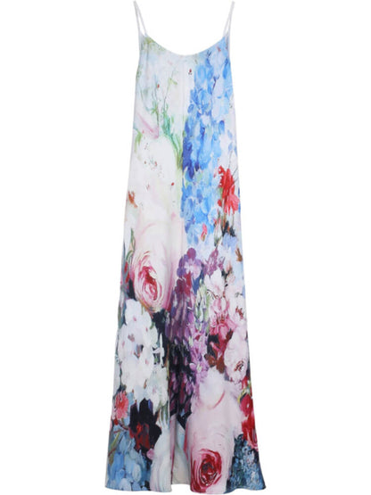Deep V Neck Spaghetti Strap Watercolor Floral Print A-Line Maxi Dress