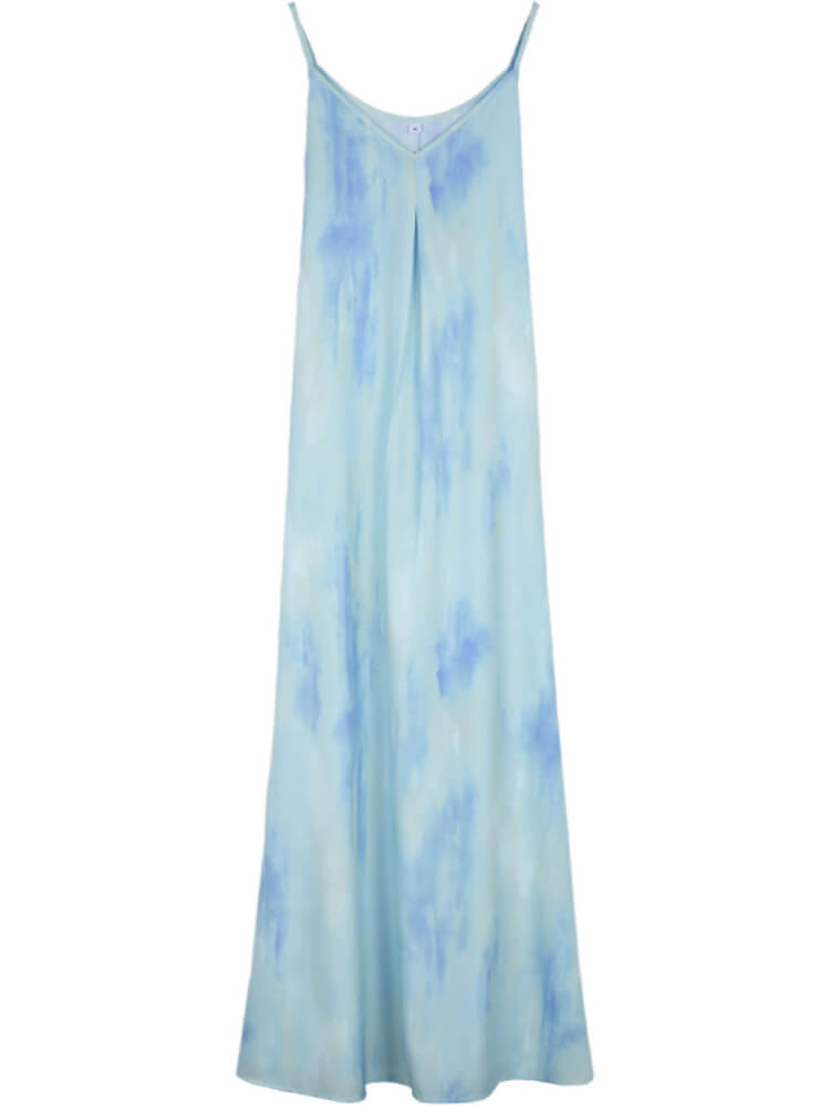 Deep V Neck Spaghetti Strap Watercolor Floral Print A-Line Maxi Dress