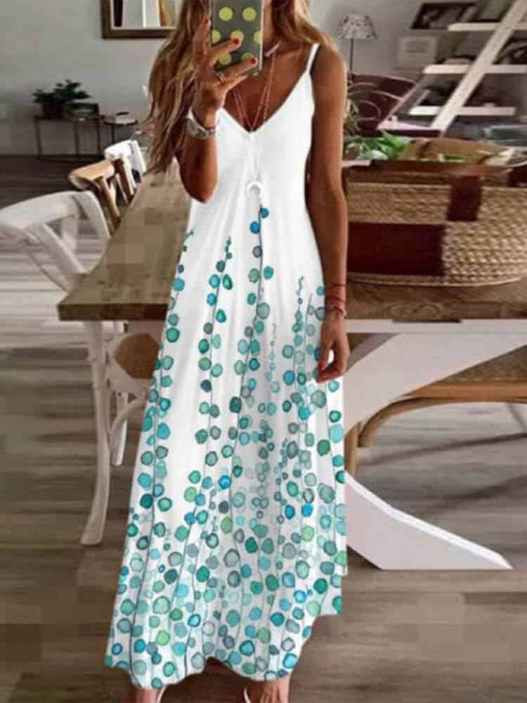 Deep V Neck Spaghetti Strap Watercolor Floral Print A-Line Maxi Dress