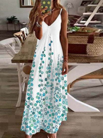 Deep V Neck Spaghetti Strap Watercolor Floral Print A-Line Maxi Dress